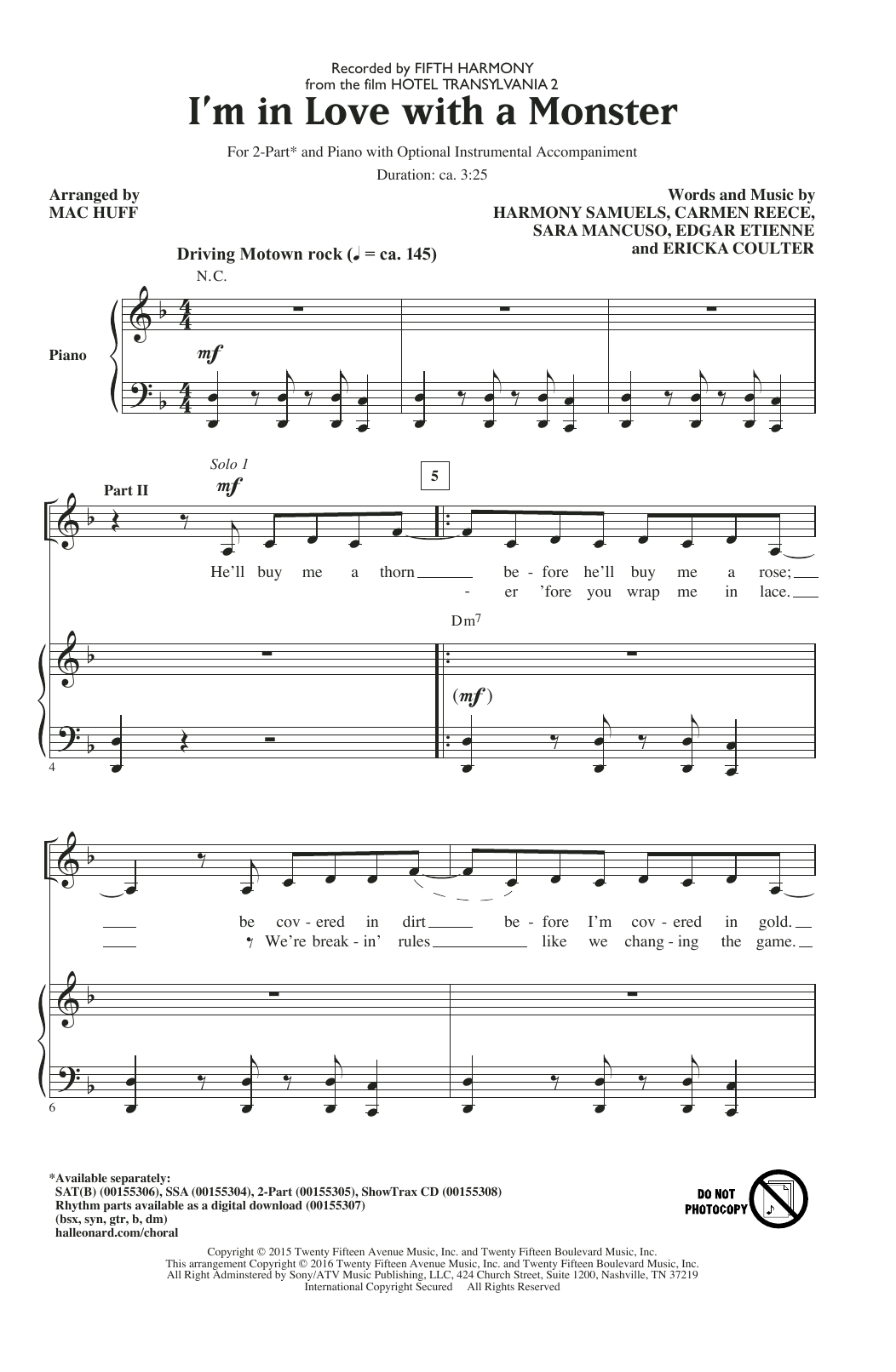 Learn to play Fifth Harmony I'm In Love With A Monster (arr. Mac Huff) sheet music for SSA Choir in minutes. Price: 3.9900$ Fifth Harmony I'm In Love With A Monster (arr. Mac Huff) sheet music notes and chords arranged for SSA Choir