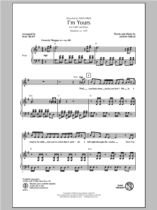 Jason Mraz I'm Yours (arr. Mac Huff) sheet music notes and chords arranged for SATB Choir