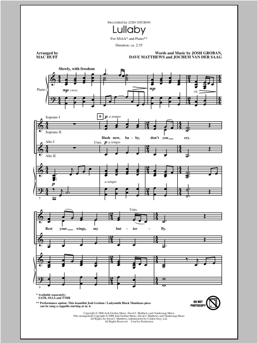 Josh Groban Lullaby (arr. Mac Huff) sheet music notes and chords. Download Printable PDF.