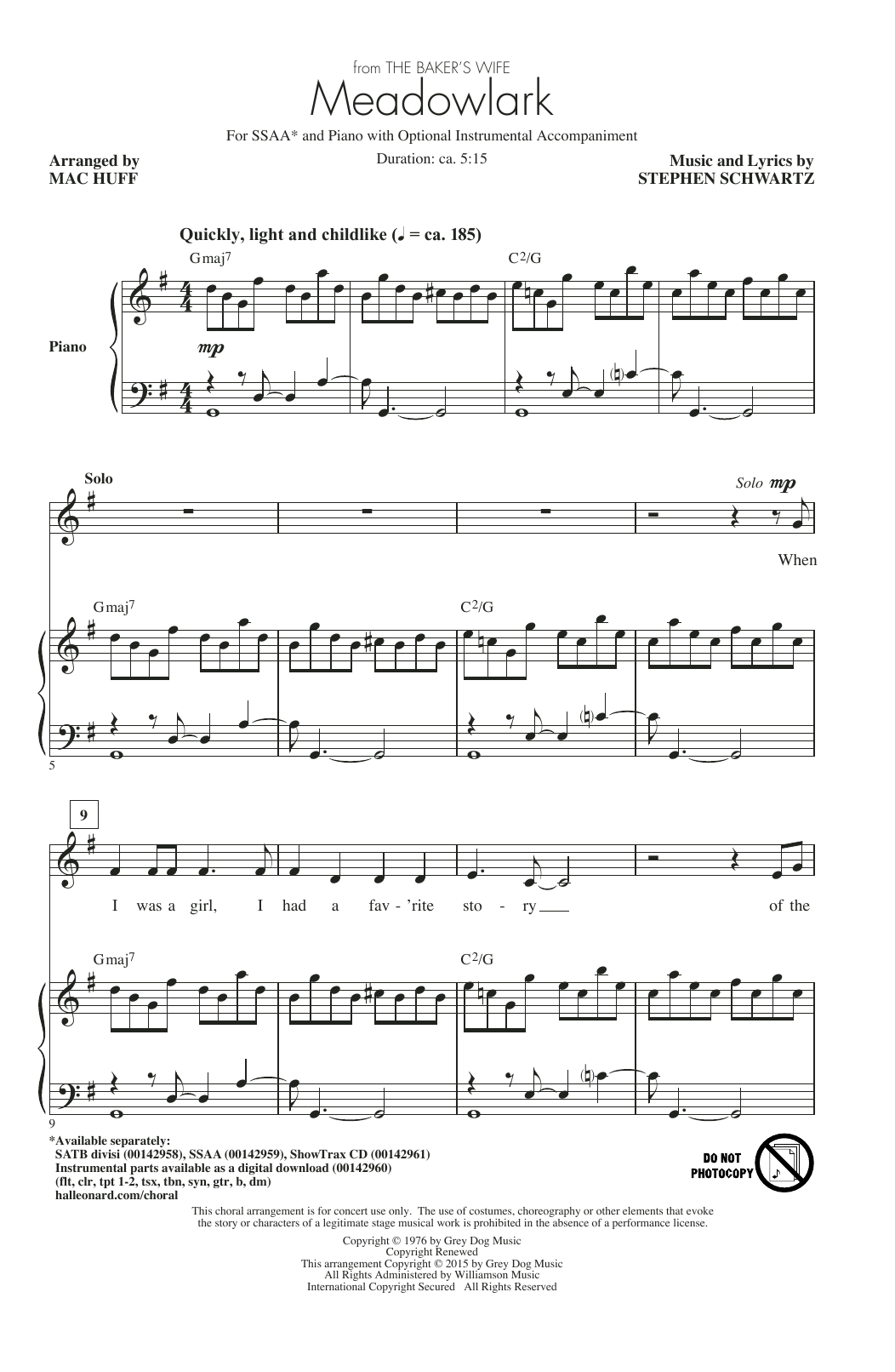 Stephen Schwartz Meadowlark (Arr. Mac Huff) sheet music notes and chords arranged for SSA Choir