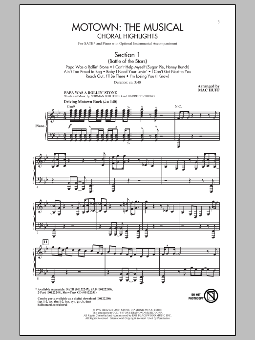 Learn to play Mac Huff Motown The Musical (Choral Highlights) sheet music for SATB Choir in minutes. Price: 5.8900$ Mac Huff Motown The Musical (Choral Highlights) sheet music notes and chords arranged for SATB Choir