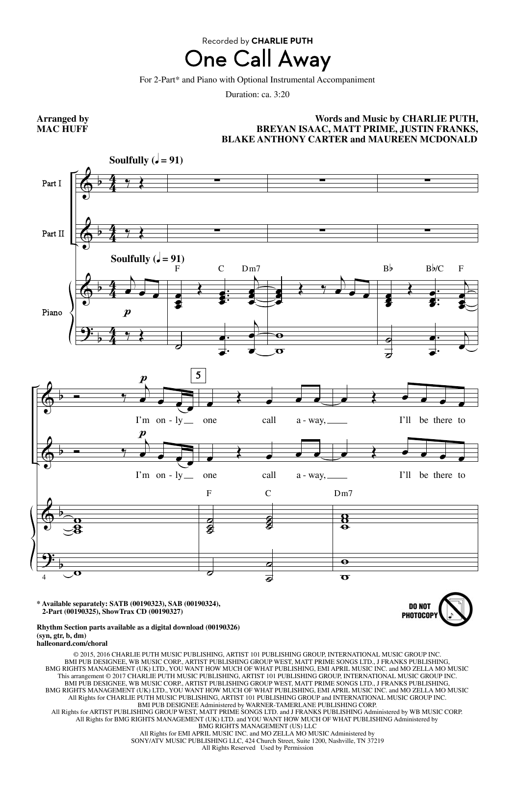 Mac Huff One Call Away sheet music notes and chords. Download Printable PDF.