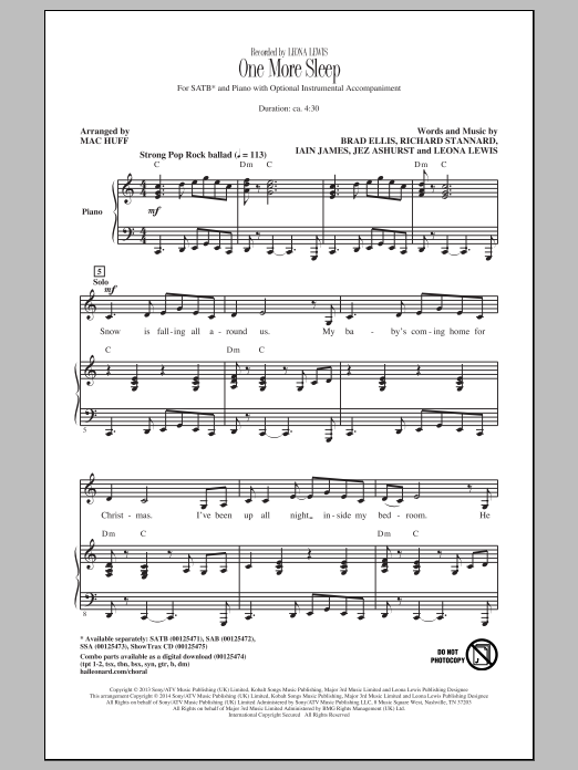 Leona Lewis One More Sleep (arr. Mac Huff) sheet music notes and chords. Download Printable PDF.