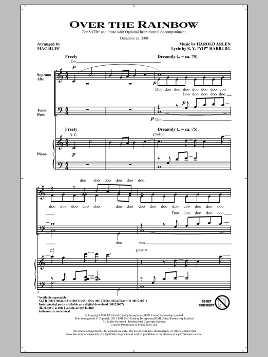 Learn to play Harold Arlen Over The Rainbow (arr. Mac Huff) sheet music for SATB Choir in minutes. Price: 3.9900$ Harold Arlen Over The Rainbow (arr. Mac Huff) sheet music notes and chords arranged for SATB Choir
