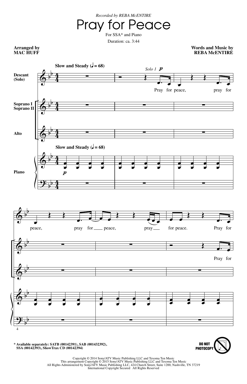 Reba McEntire Pray For Peace (arr. Mac Huff) sheet music notes and chords. Download Printable PDF.