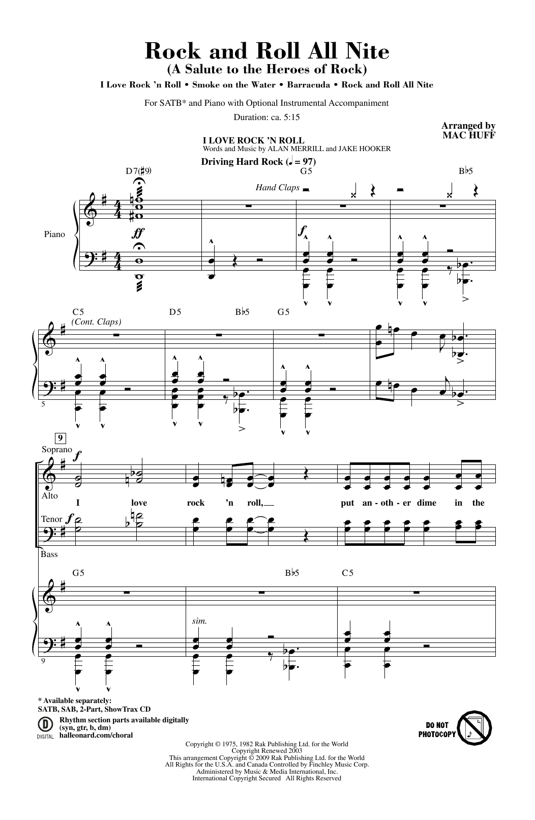 Learn to play Mac Huff Rock And Roll All Nite (A Salute to The Heroes Of Rock) sheet music for SATB Choir in minutes. Price: 3.9900$ Mac Huff Rock And Roll All Nite (A Salute to The Heroes Of Rock) sheet music notes and chords arranged for SATB Choir