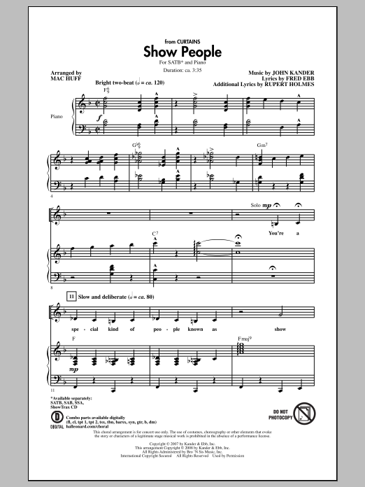 Learn to play Kander & Ebb Show People (arr. Mac Huff) sheet music for SATB Choir in minutes. Price: 3.9900$ Kander & Ebb Show People (arr. Mac Huff) sheet music notes and chords arranged for SATB Choir