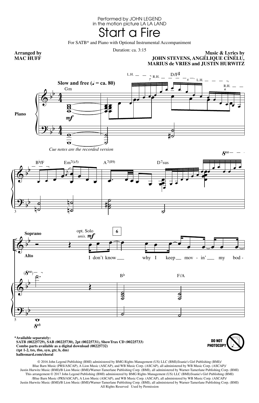 John Legend Start A Fire (from La La Land) (arr. Mac Huff) sheet music notes and chords. Download Printable PDF.