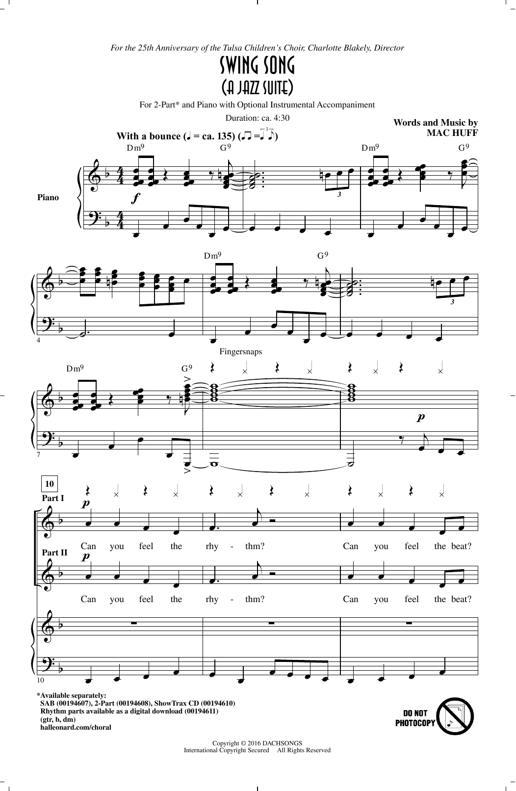 Mac Huff Swing Song (A Jazz Suite) sheet music notes and chords. Download Printable PDF.