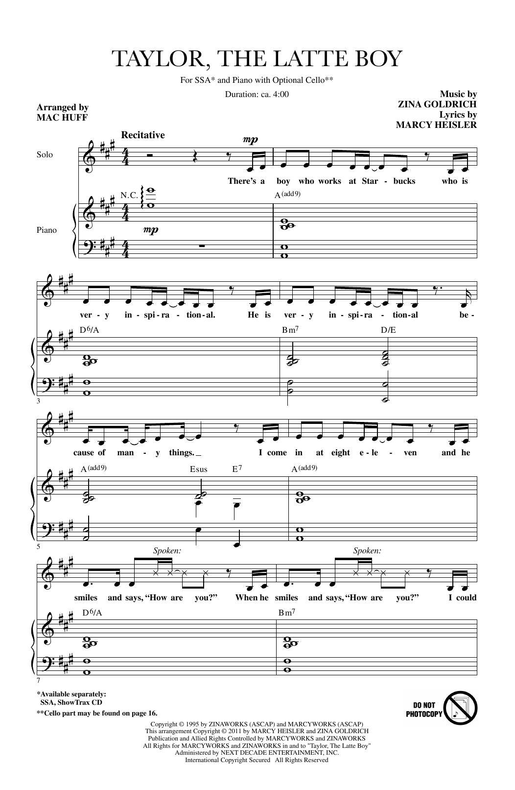 Learn to play Kristin Chenoweth Taylor, The Latte Boy (arr. Mac Huff) sheet music for SSA Choir in minutes. Price: 3.9900$ Kristin Chenoweth Taylor, The Latte Boy (arr. Mac Huff) sheet music notes and chords arranged for SSA Choir
