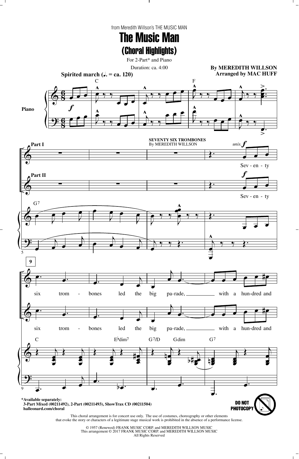 Learn to play Mac Huff The Music Man (Choral Highlights) sheet music for 2-Part Choir in minutes. Price: 3.9900$ Mac Huff The Music Man (Choral Highlights) sheet music notes and chords arranged for 2-Part Choir