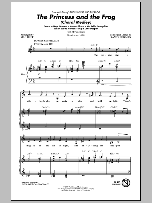 Learn to play Mac Huff The Princess And The Frog (Choral Medley) sheet music for 2-Part Choir in minutes. Price: 5.8900$ Mac Huff The Princess And The Frog (Choral Medley) sheet music notes and chords arranged for 2-Part Choir