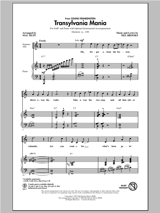 Mel Brooks Transylvania Mania (arr. Mac Huff) sheet music notes and chords. Download Printable PDF.