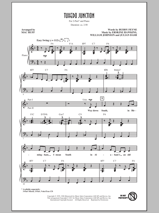 Learn to play Mac Huff Tuxedo Junction sheet music for 2-Part Choir in minutes. Price: 3.9900$ Mac Huff Tuxedo Junction sheet music notes and chords arranged for 2-Part Choir