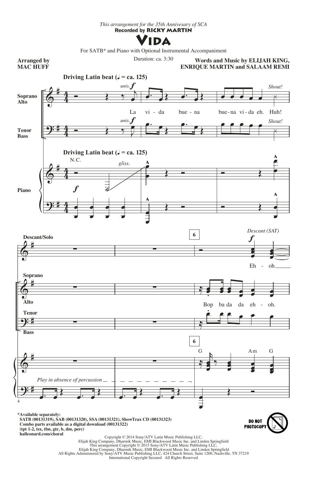 Ricky Martin Vida (arr. Mac Huff) sheet music notes and chords. Download Printable PDF.