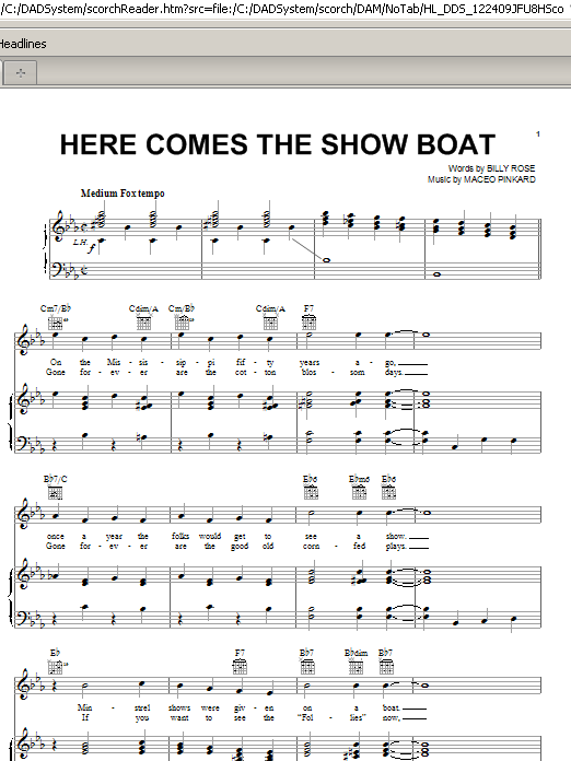 Learn to play Maceo Pinkard Here Comes The Show Boat sheet music for Piano, Vocal & Guitar Chords (Right-Hand Melody) in minutes. Price: 7.8900$ Maceo Pinkard Here Comes The Show Boat sheet music notes and chords arranged for Piano, Vocal & Guitar Chords (Right-Hand Melody)