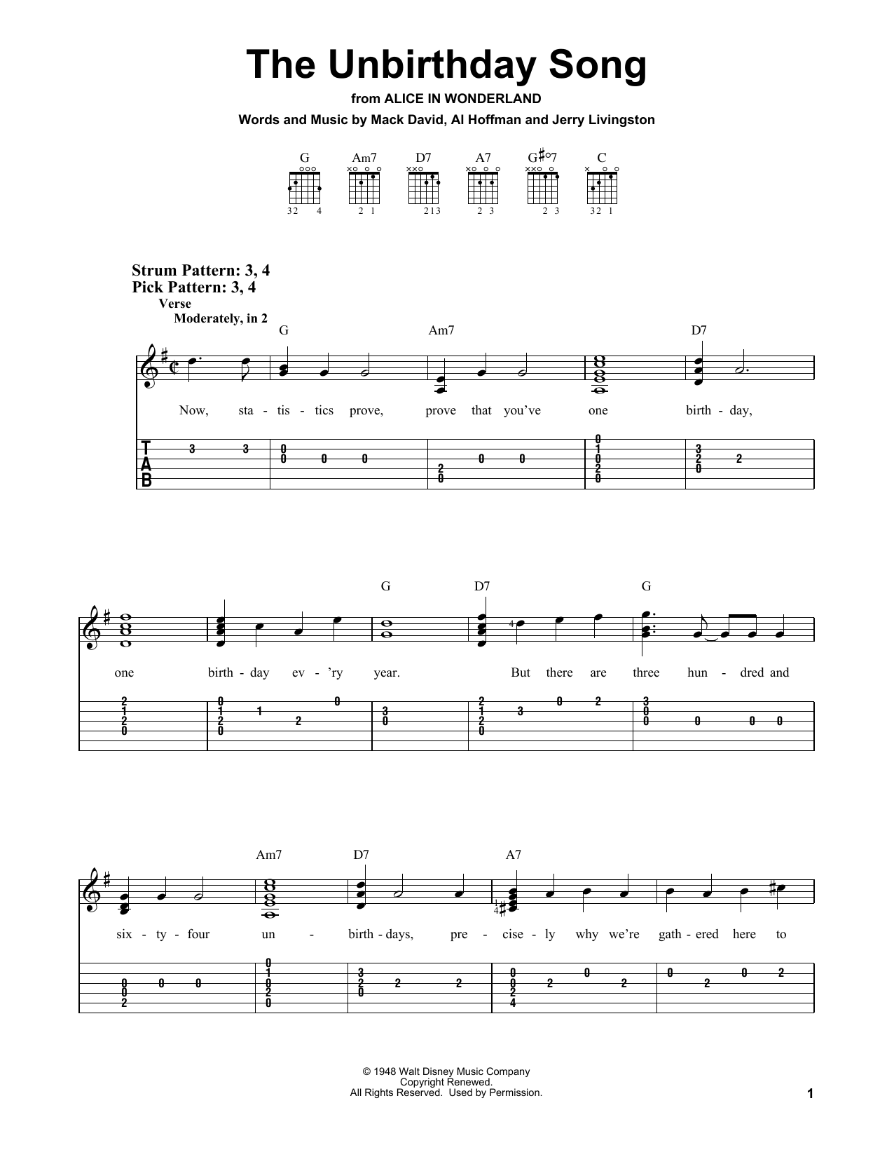 Mack David, Al Hoffman and Jerry Livingston The Unbirthday Song (from Disney's Alice In Wonderland) sheet music notes and chords. Download Printable PDF.