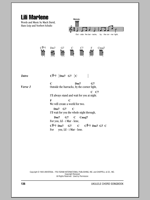 Learn to play Mack David Lili Marlene sheet music for Ukulele Chords/Lyrics in minutes. Price: 4.4900$ Mack David Lili Marlene sheet music notes and chords arranged for Ukulele Chords/Lyrics