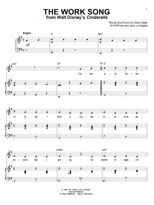 Learn to play Mack David The Work Song (from Cinderella) sheet music for Piano & Vocal in minutes. Price: 7.8900$ Mack David The Work Song (from Cinderella) sheet music notes and chords arranged for Piano & Vocal