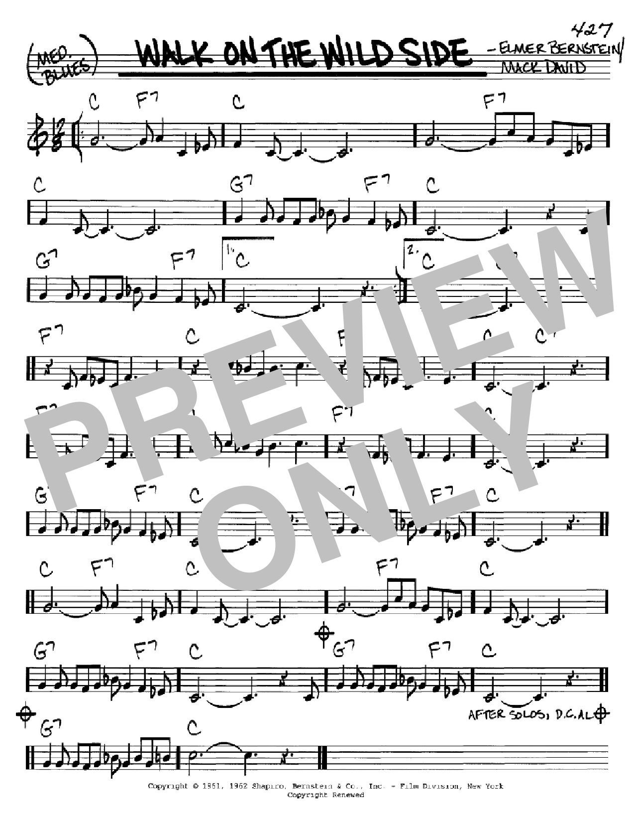 Mack David Walk On The Wild Side sheet music notes and chords arranged for Real Book – Melody & Chords – C Instruments