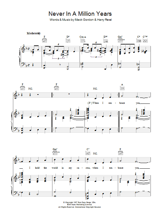Learn to play Mack Gordon Never In A Million Years sheet music for Piano, Vocal & Guitar Chords in minutes. Price: 7.8900$ Mack Gordon Never In A Million Years sheet music notes and chords arranged for Piano, Vocal & Guitar Chords