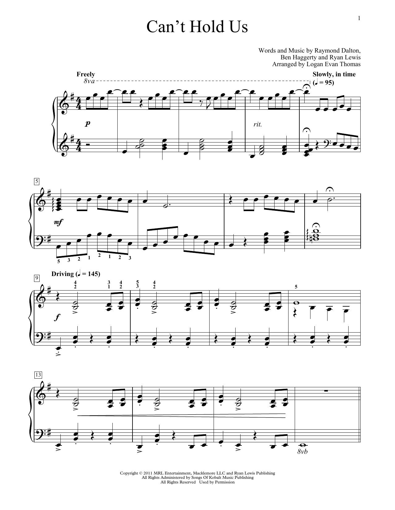 Macklemore & Ryan Lewis Can't Hold Us (arr. Logan Evan Thomas) sheet music notes and chords. Download Printable PDF.