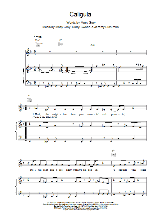 Learn to play Macy Gray Caligula sheet music for Piano, Vocal & Guitar Chords in minutes. Price: 7.8900$ Macy Gray Caligula sheet music notes and chords arranged for Piano, Vocal & Guitar Chords