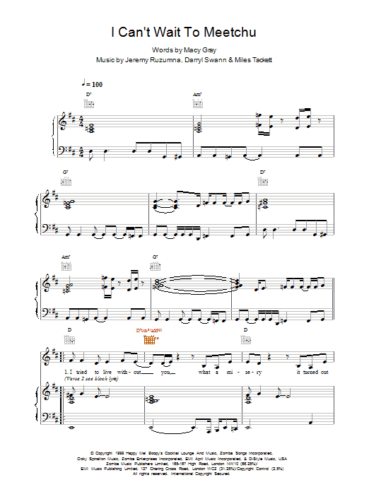 Learn to play Macy Gray I Cant Wait To Meetchu sheet music for Piano, Vocal & Guitar Chords in minutes. Price: 7.8900$ Macy Gray I Cant Wait To Meetchu sheet music notes and chords arranged for Piano, Vocal & Guitar Chords