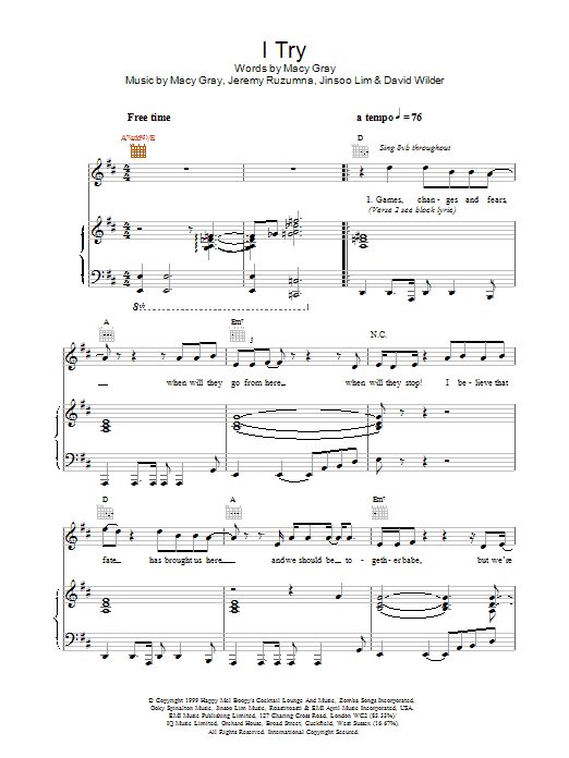 Macy Gray I Try sheet music notes and chords. Download Printable PDF.