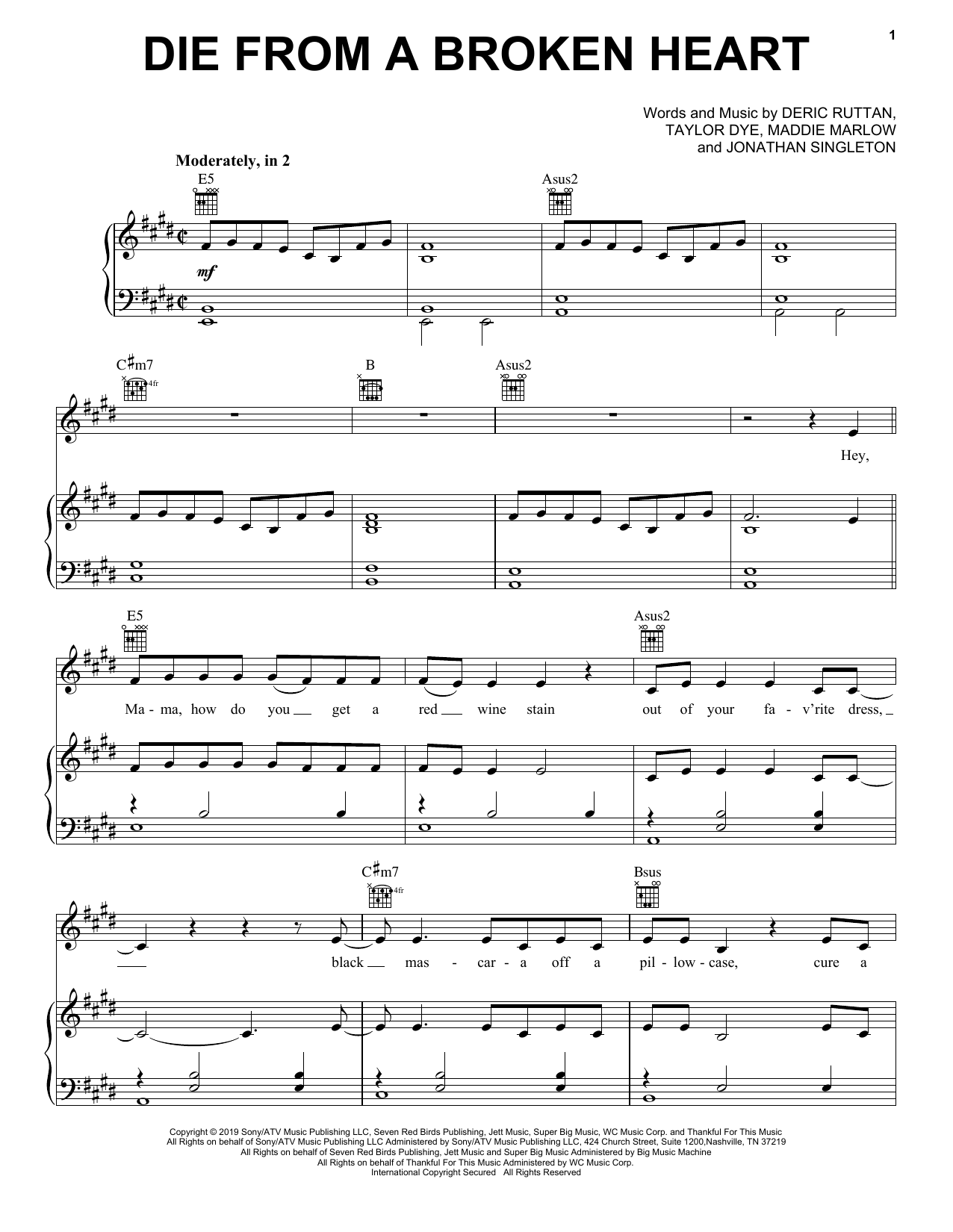 Learn to play Maddie & Tae Die From A Broken Heart sheet music for Piano, Vocal & Guitar Chords (Right-Hand Melody) in minutes. Price: 6.9900$ Maddie & Tae Die From A Broken Heart sheet music notes and chords arranged for Piano, Vocal & Guitar Chords (Right-Hand Melody)