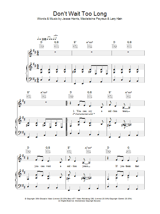 Madeleine Peyroux Don't Wait Too Long sheet music notes and chords. Download Printable PDF.