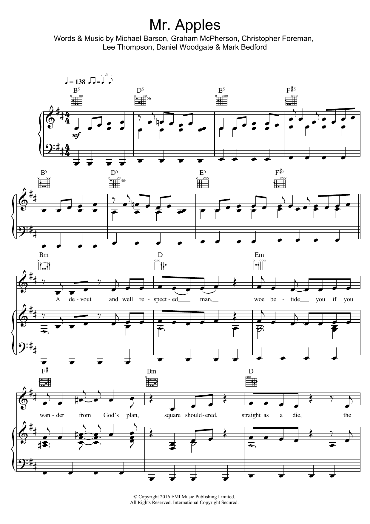 Learn to play Madness Mr. Apples sheet music for Piano, Vocal & Guitar Chords in minutes. Price: 7.8900$ Madness Mr. Apples sheet music notes and chords arranged for Piano, Vocal & Guitar Chords