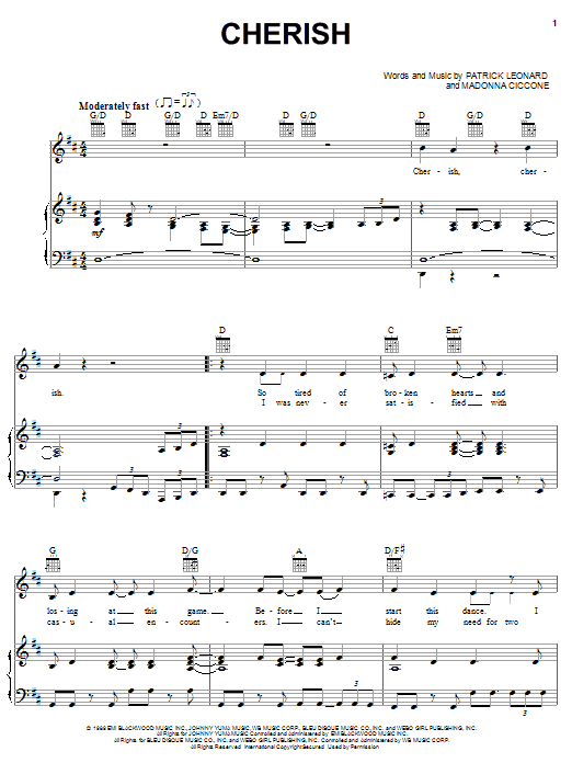 Madonna Cherish sheet music notes and chords. Download Printable PDF.