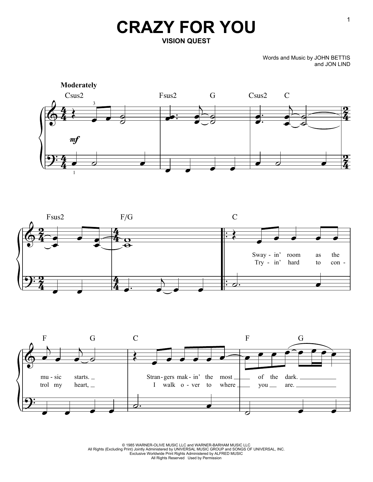 Madonna Crazy For You sheet music notes and chords. Download Printable PDF.