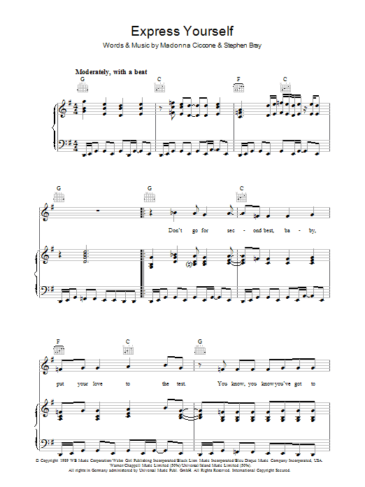 Madonna Express Yourself sheet music notes and chords arranged for Piano, Vocal & Guitar Chords