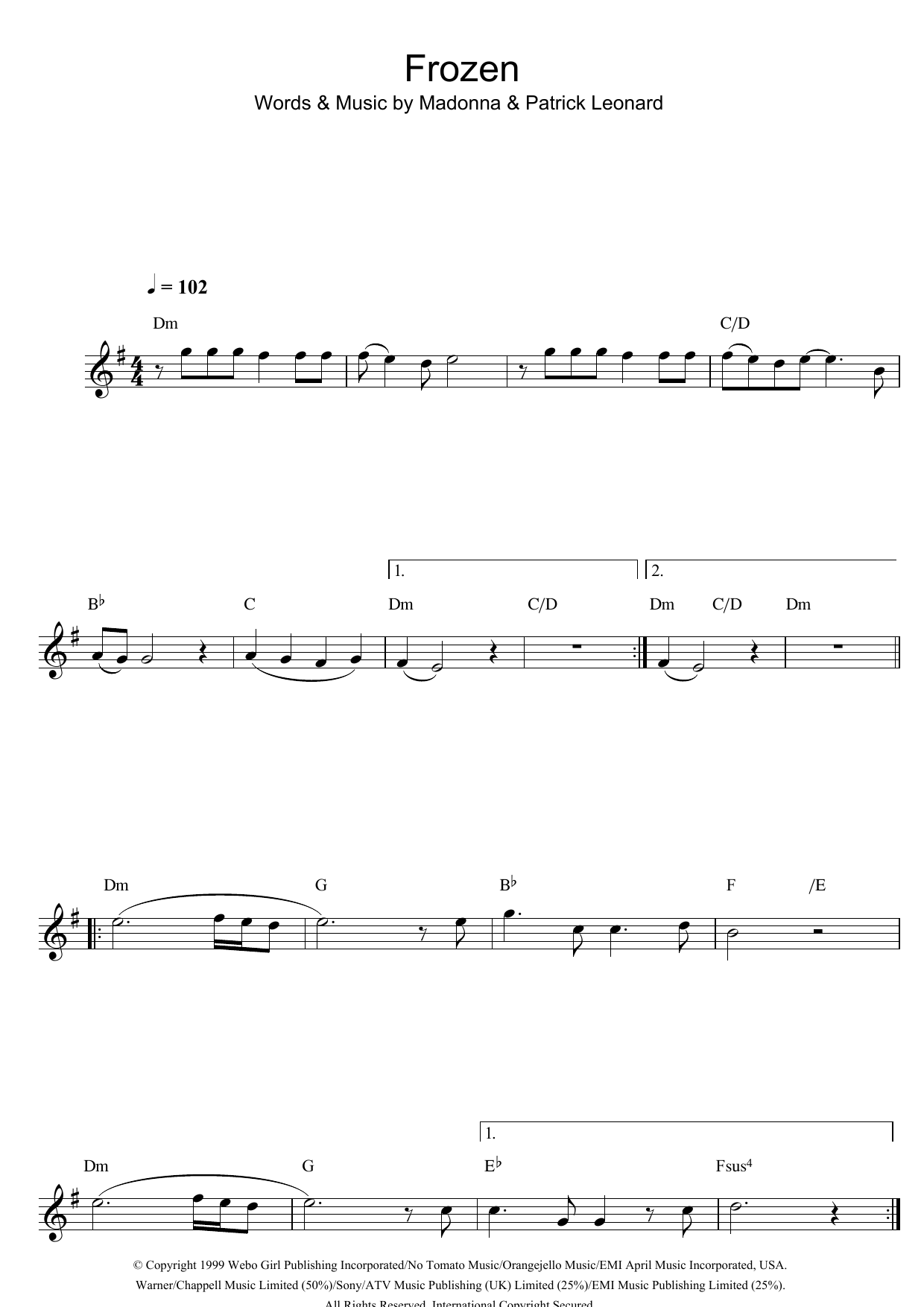 Madonna Frozen sheet music notes and chords arranged for Alto Sax Solo