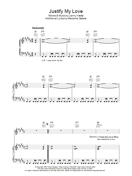 Madonna Justify My Love sheet music notes and chords arranged for Piano, Vocal & Guitar Chords