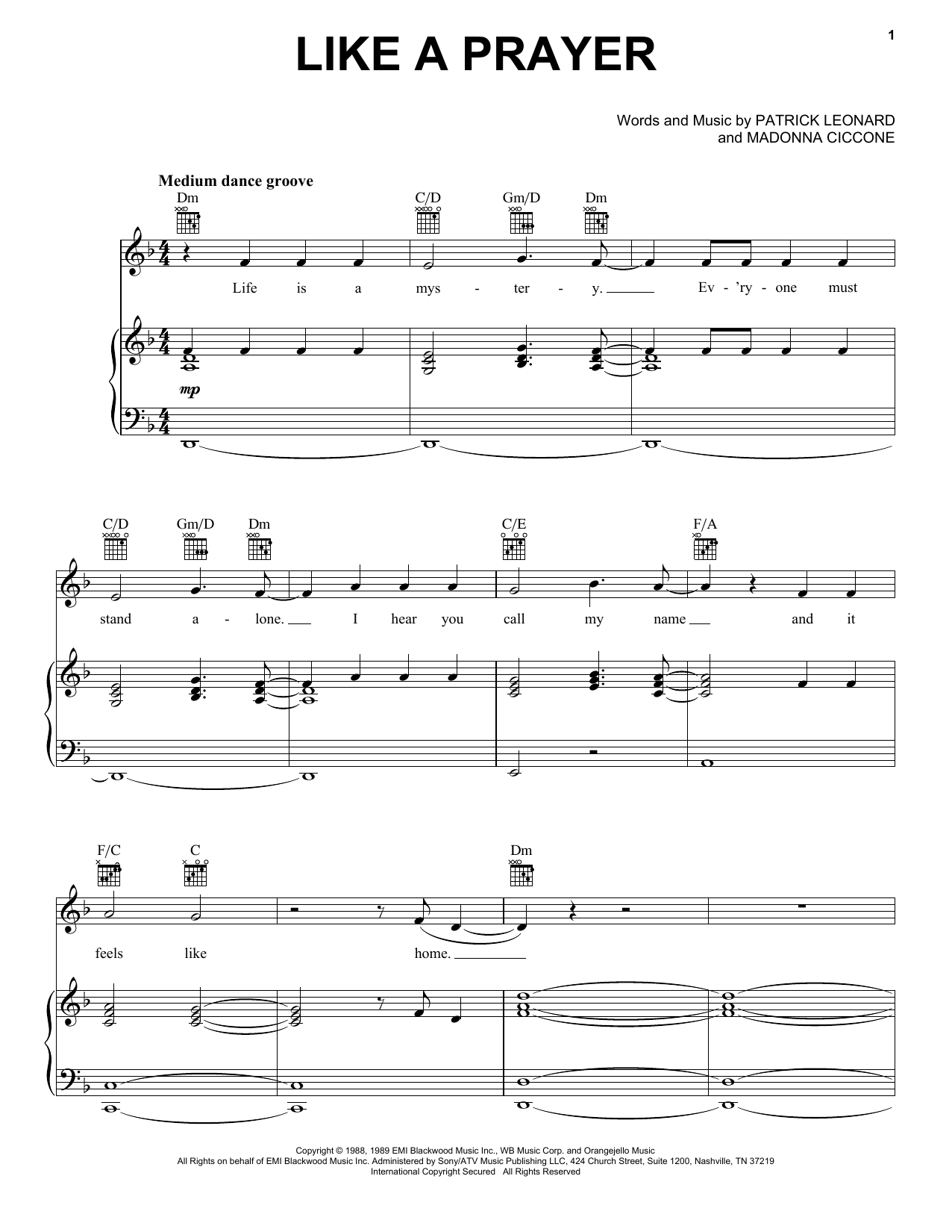 Madonna Like A Prayer sheet music notes and chords arranged for Piano, Vocal & Guitar Chords