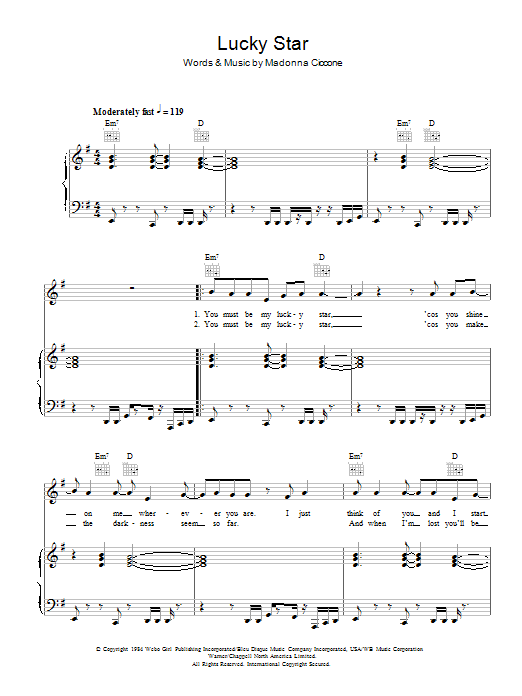 Learn to play Madonna Lucky Star sheet music for Piano, Vocal & Guitar Chords in minutes. Price: 7.8900$ Madonna Lucky Star sheet music notes and chords arranged for Piano, Vocal & Guitar Chords