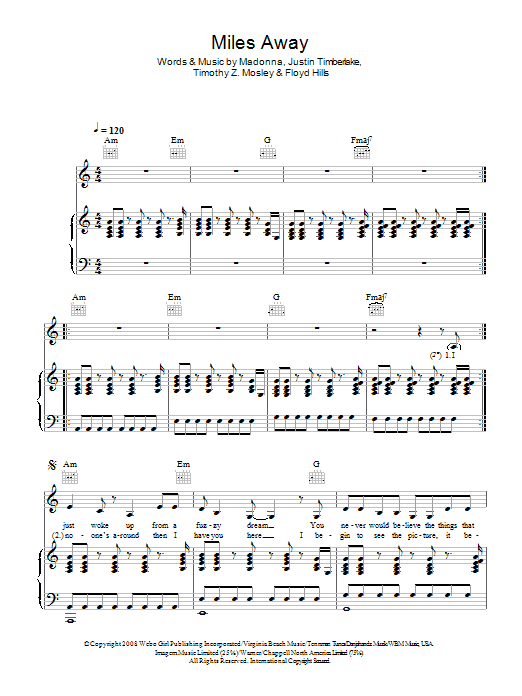 Madonna Miles Away sheet music notes and chords arranged for Piano, Vocal & Guitar Chords