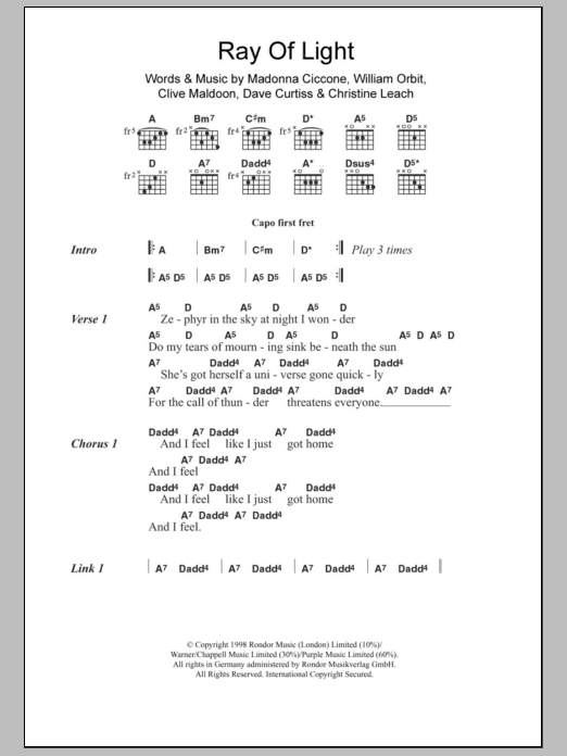 Madonna Ray Of Light sheet music notes and chords. Download Printable PDF.