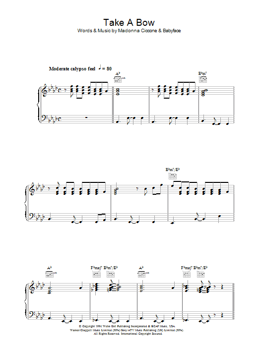 Madonna Take A Bow sheet music notes and chords arranged for Piano, Vocal & Guitar Chords (Right-Hand Melody)