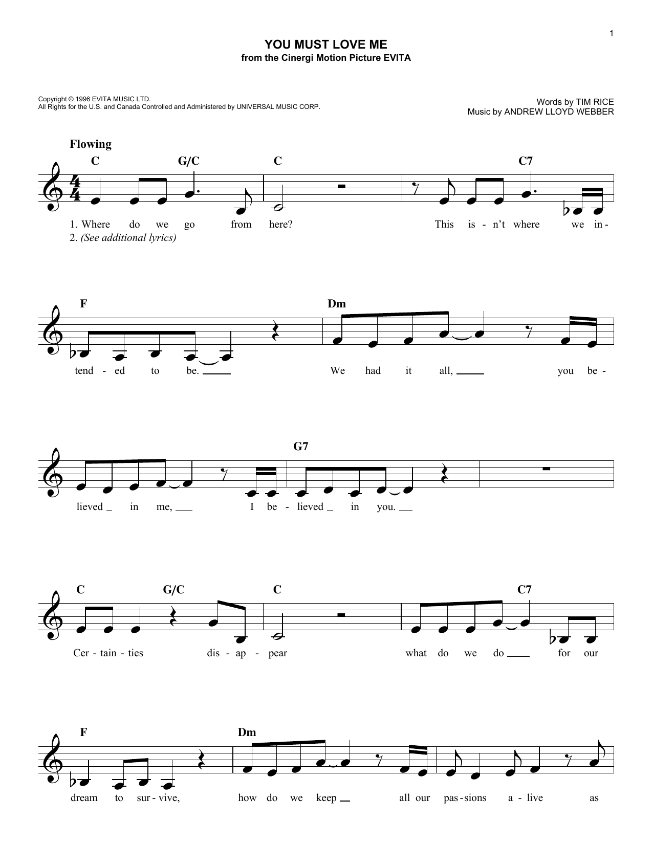 Madonna You Must Love Me sheet music notes and chords arranged for Easy Lead Sheet / Fake Book