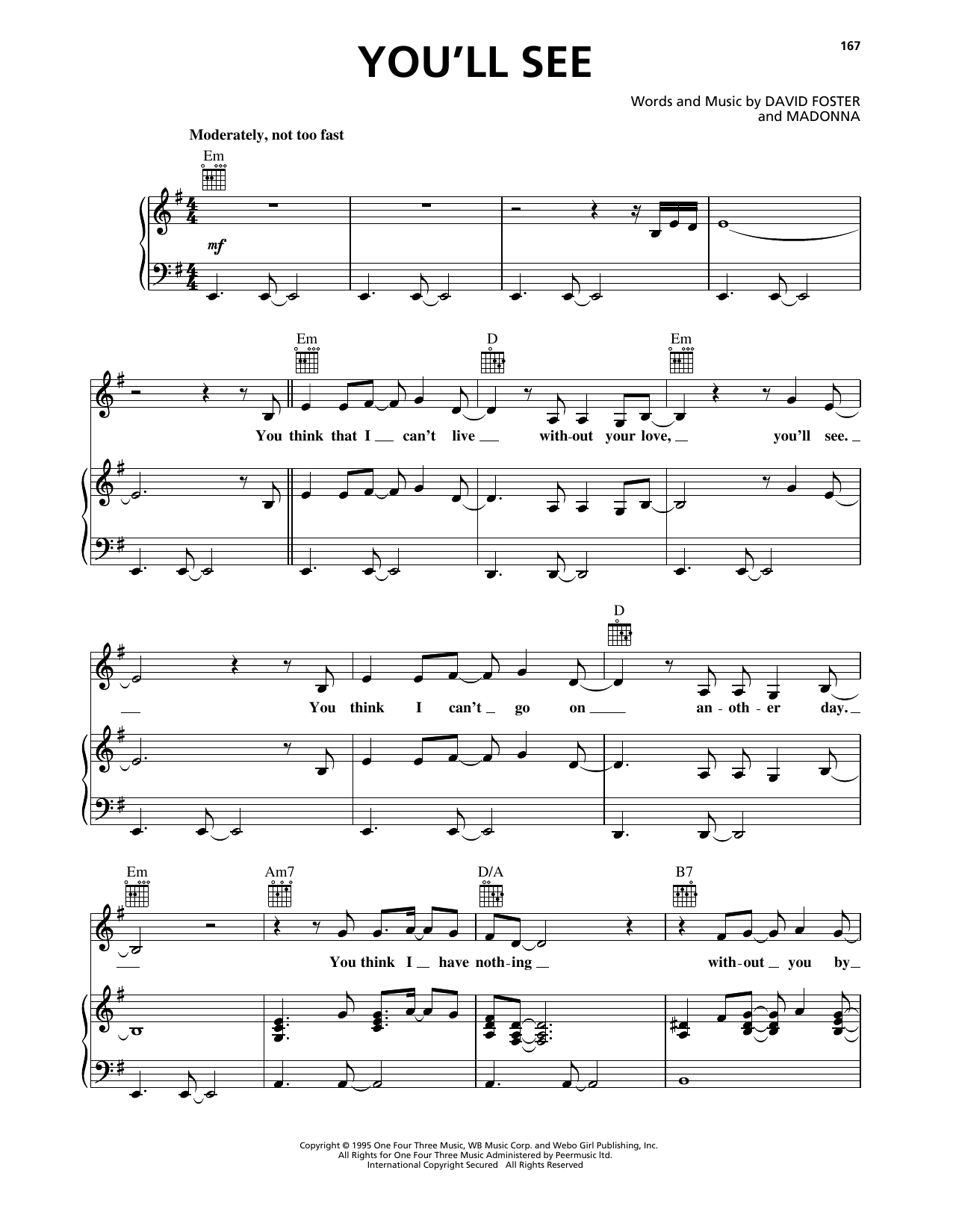 Madonna You'll See sheet music notes and chords. Download Printable PDF.