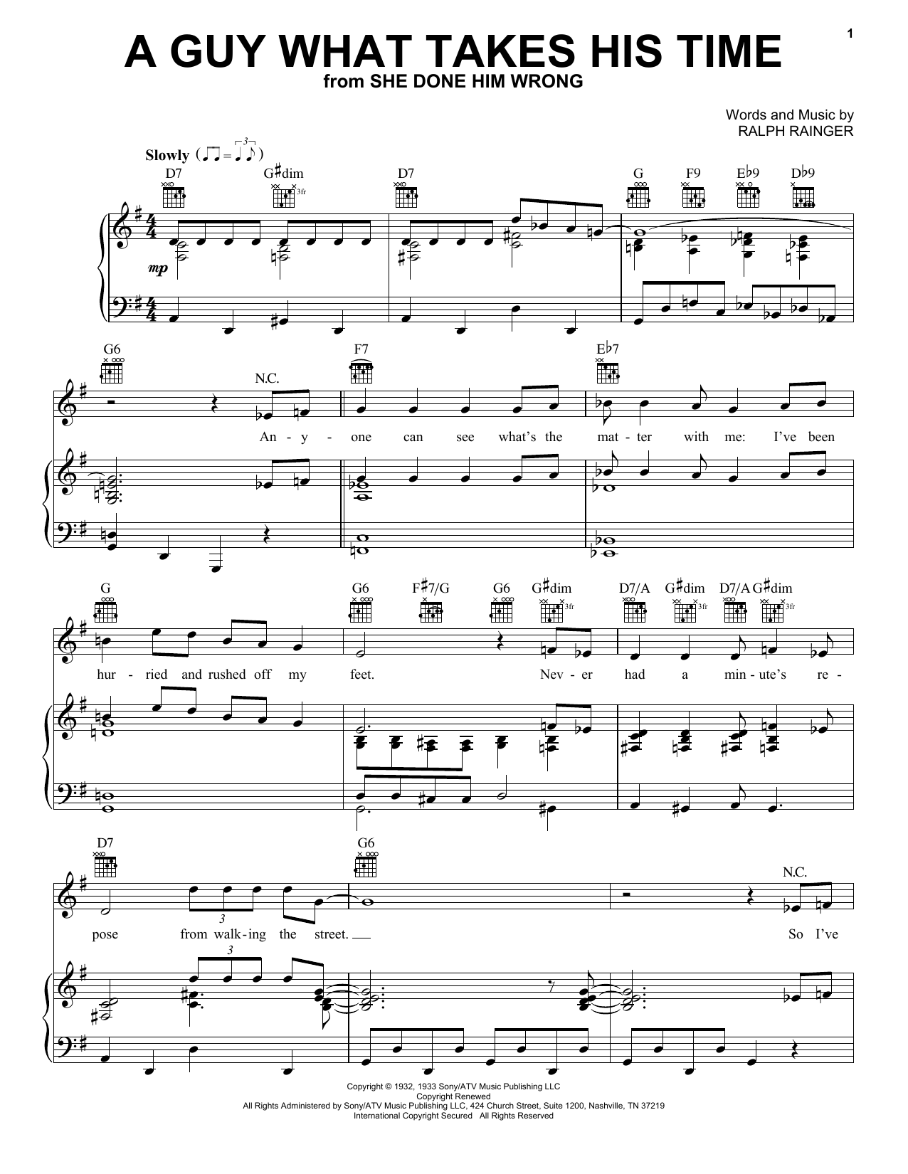 Learn to play Mae West A Guy What Takes His Time (from She Done Him Wrong) sheet music for Piano, Vocal & Guitar Chords (Right-Hand Melody) in minutes. Price: 7.8900$ Mae West A Guy What Takes His Time (from She Done Him Wrong) sheet music notes and chords arranged for Piano, Vocal & Guitar Chords (Right-Hand Melody)