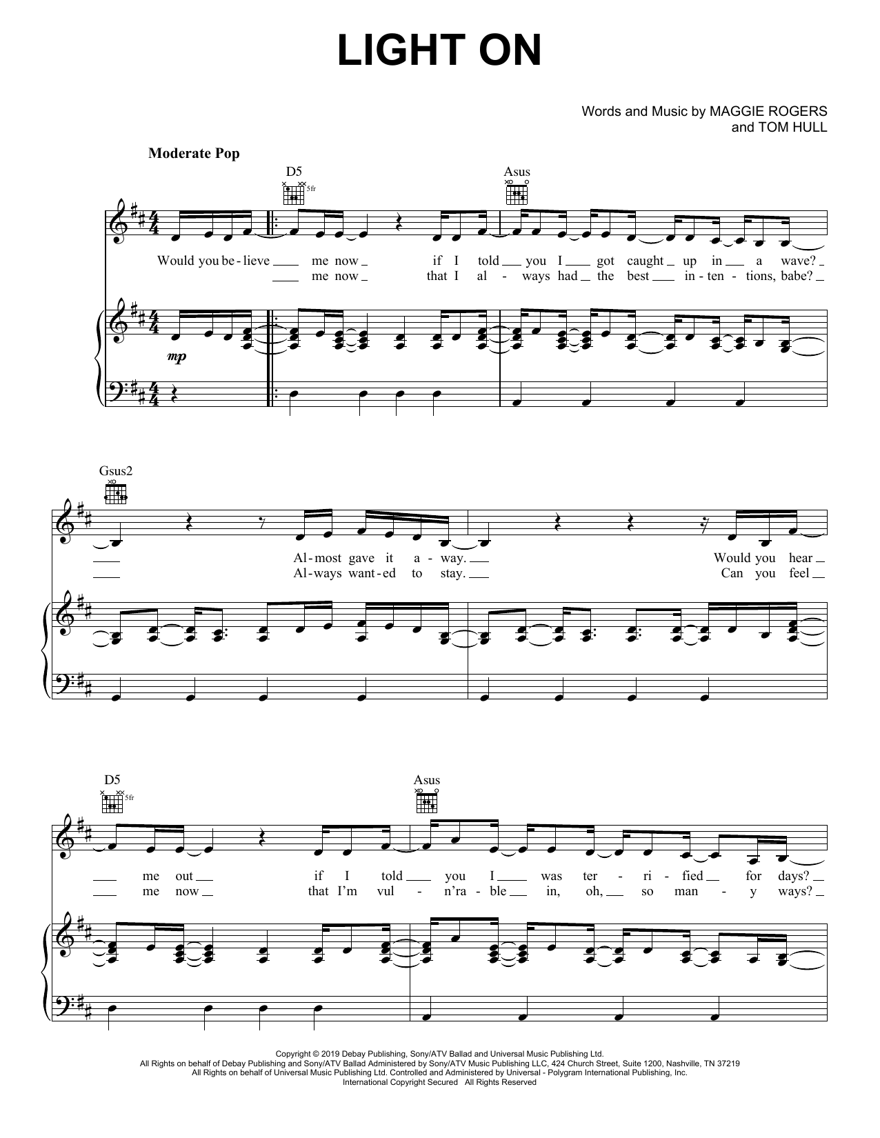 Learn to play Maggie Rogers Light On sheet music for Piano, Vocal & Guitar Chords (Right-Hand Melody) in minutes. Price: 7.8900$ Maggie Rogers Light On sheet music notes and chords arranged for Piano, Vocal & Guitar Chords (Right-Hand Melody)