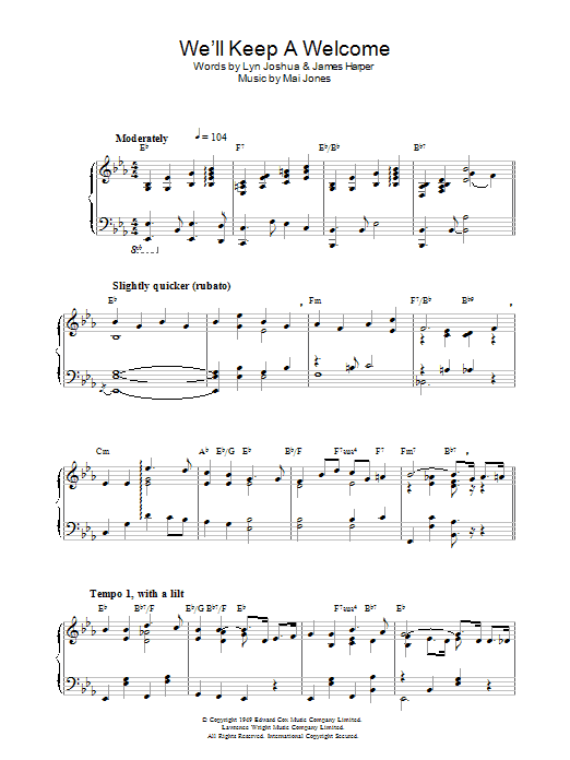 Mai Jones We'll Keep A Welcome sheet music notes and chords arranged for Piano Solo