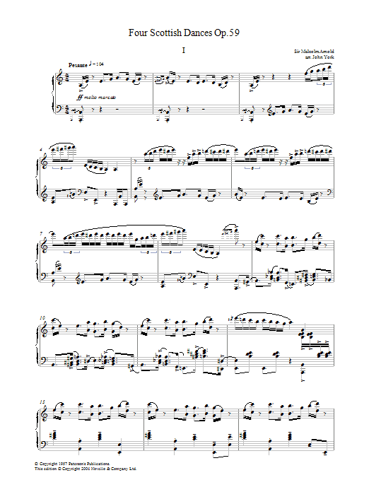 Learn to play Malcolm Arnold Four Scottish Dances Op.59, No.1, Pesante sheet music for Piano Solo in minutes. Price: 7.8900$ Malcolm Arnold Four Scottish Dances Op.59, No.1, Pesante sheet music notes and chords arranged for Piano Solo