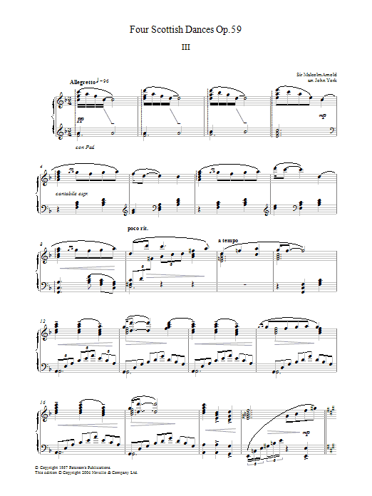Learn to play Malcolm Arnold Four Scottish Dances Op.59, No.3, Allegretto sheet music for Piano Solo in minutes. Price: 7.8900$ Malcolm Arnold Four Scottish Dances Op.59, No.3, Allegretto sheet music notes and chords arranged for Piano Solo