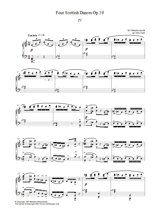 Learn to play Malcolm Arnold Four Scottish Dances Op.59, No.4, Con Brio sheet music for Piano Solo in minutes. Price: 7.8900$ Malcolm Arnold Four Scottish Dances Op.59, No.4, Con Brio sheet music notes and chords arranged for Piano Solo